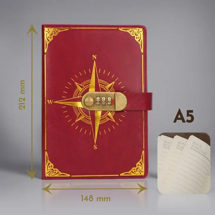 Carnet pirate rouge avec cadenas à code, format A5, design boussole dorée et papier ivoire.