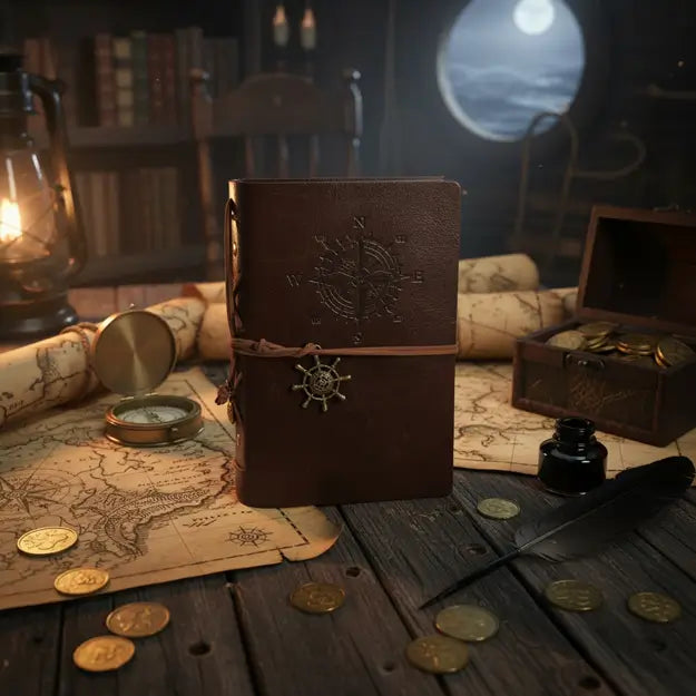 Carnet pirate en cuir avec spirale rigide posé sur une table en bois, ambiance rétro avec pièces d’or et carte au trésor.