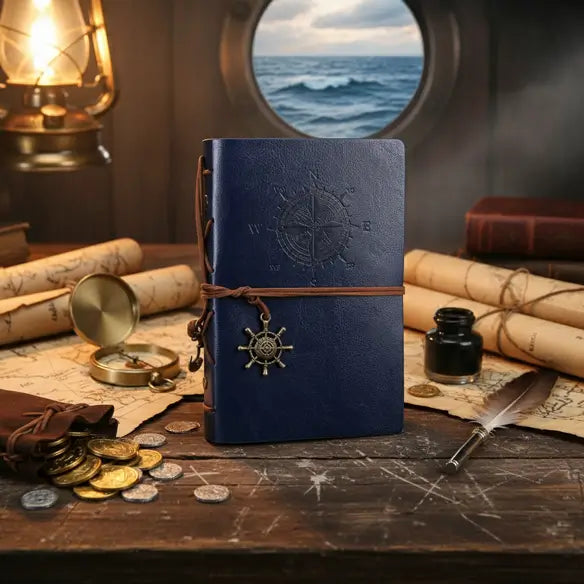 Carnet pirate en cuir bleu posé dans une cabine de navire, ambiance chaleureuse avec bougies, carte et pièces d’or.