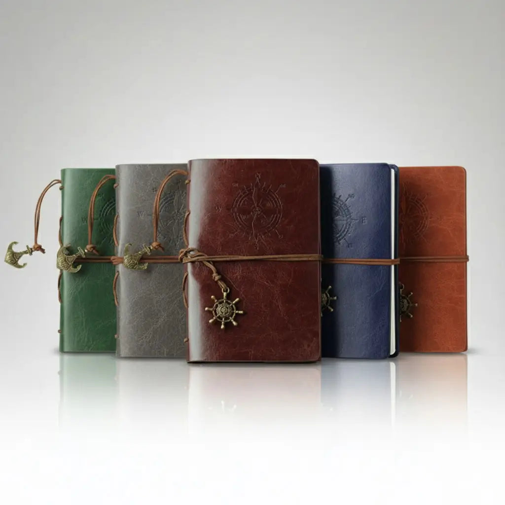 Collection de carnets pirates en cuir de différentes couleurs avec spirale rigide, présentés sur fond clair.