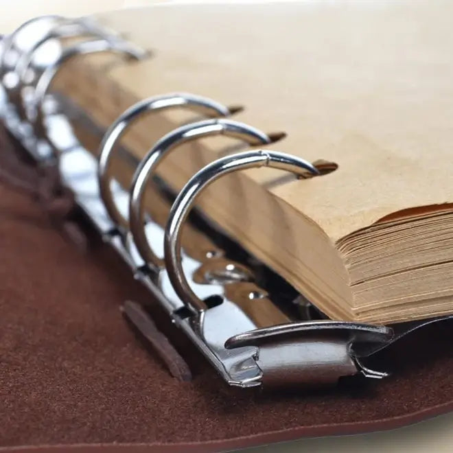 Détail des spirales métalliques d’un carnet pirate en cuir, gros plan sur la reliure robuste.