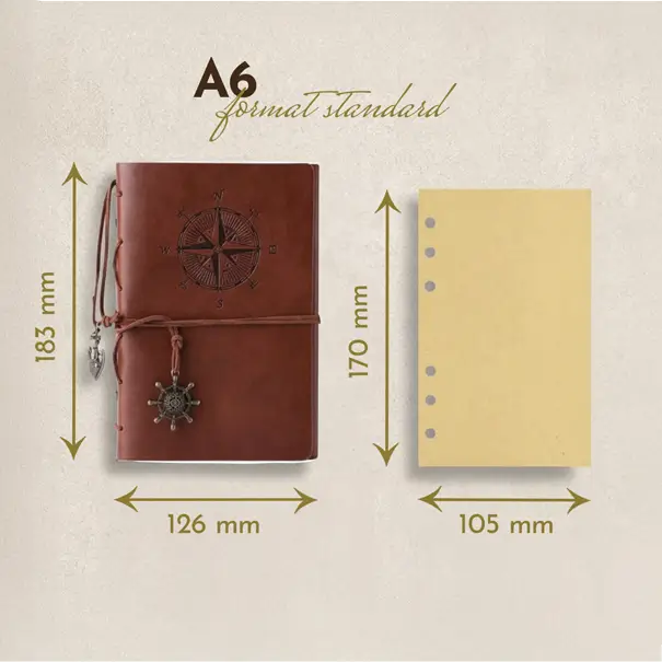 Schéma technique des dimensions du carnet pirate en cuir format A6, hauteur 183 mm et largeur 126 mm.
