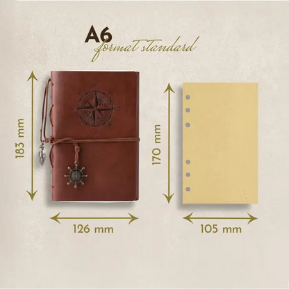 Schéma technique des dimensions du carnet pirate en cuir format A6, hauteur 183 mm et largeur 126 mm.