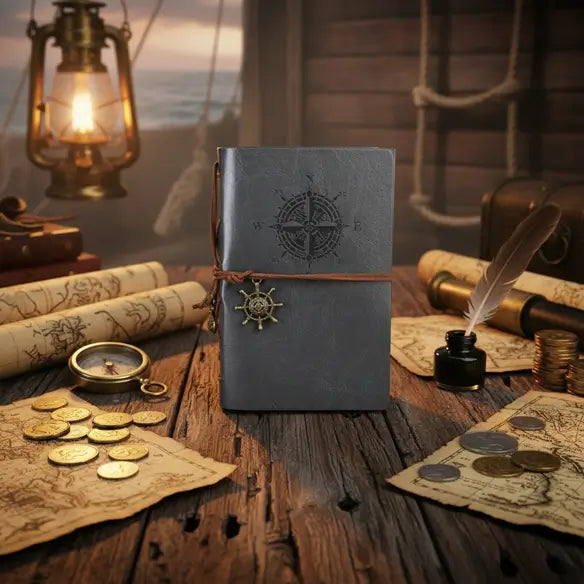 Carnet pirate en cuir gris dans une ambiance de cabine de bateau avec lumière à la bougie et carte ancienne.