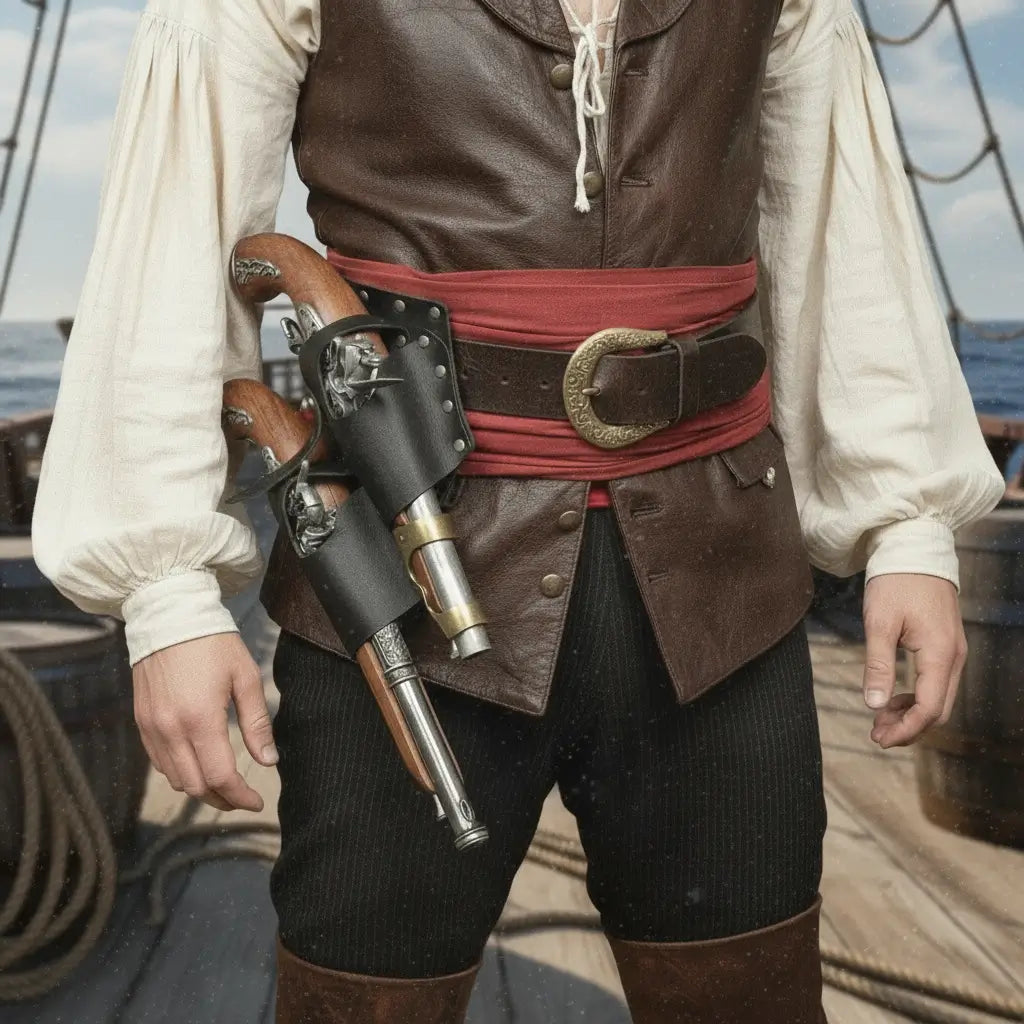 Homme pirate portant une ceinture holster double sur le pont d’un navire, style corsaire authentique.