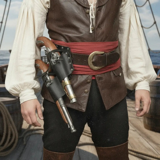 Homme pirate portant une ceinture holster double sur le pont d’un navire, style corsaire authentique.