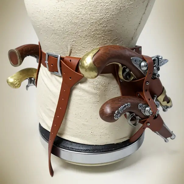 Ceinture holster pirate marron clair en simili cuir, avec double étui pour pistolets anciens.