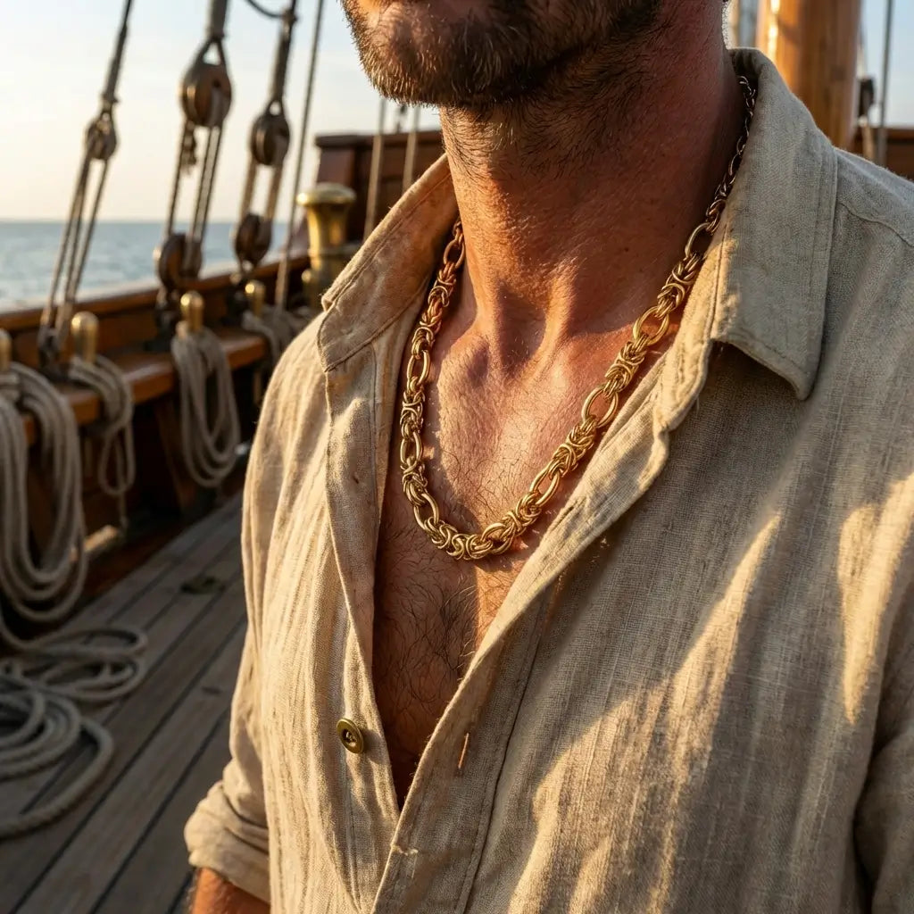 Chaîne de l’Orée dorée portée par un capitaine avec tenue de navigation.
