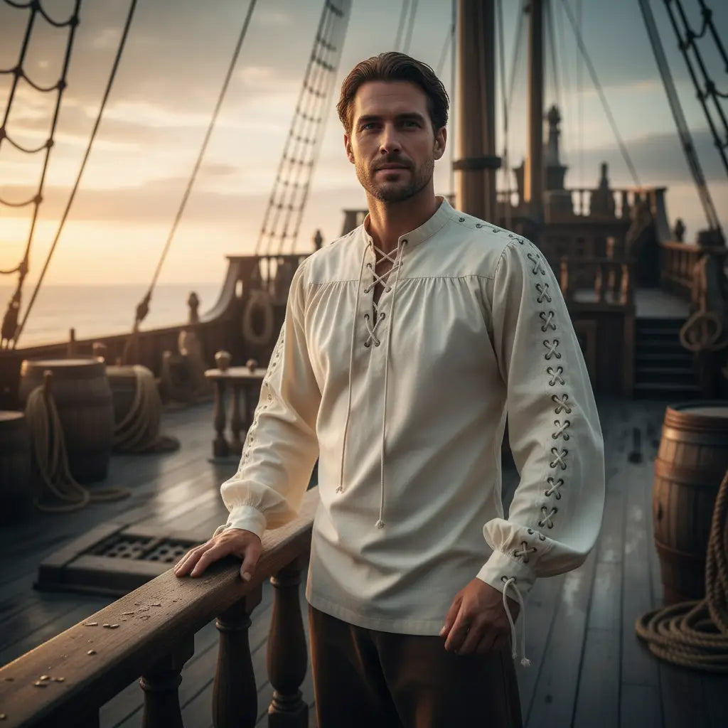 Chemise à lacet du capitaine portée sur le pont d’un navire pirate, style marin authentique.