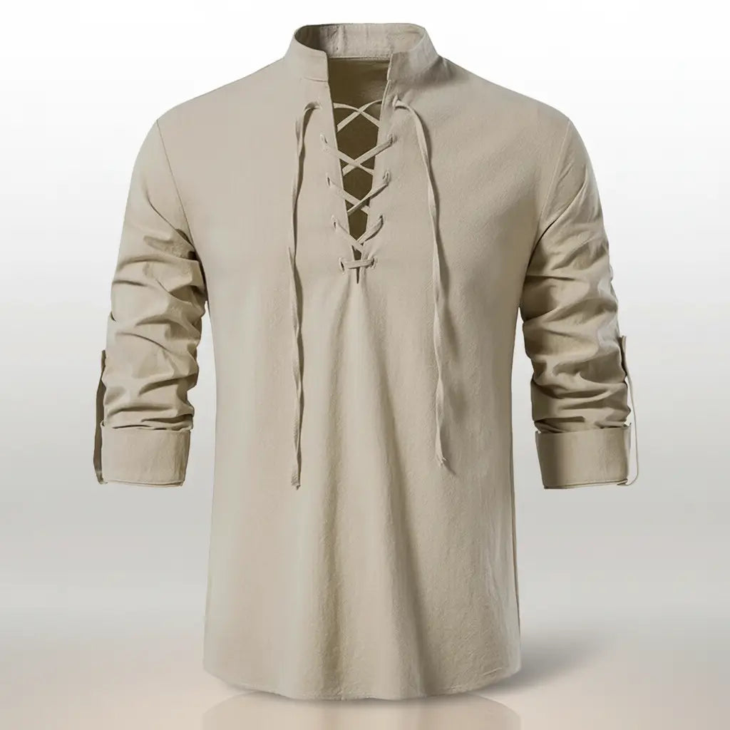 Chemise du navigateur des mers beige vue de face, col à lacet marin.