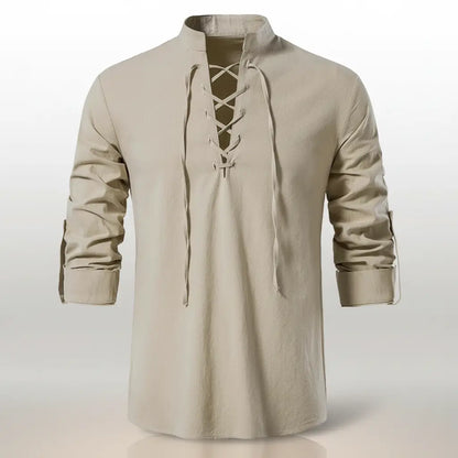Chemise du navigateur des mers beige vue de face, col à lacet marin.