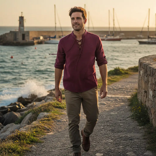 Chemise du navigateur des mers bordeaux portée en bord de mer.