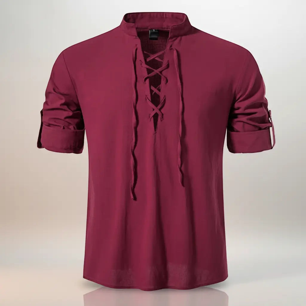 Chemise du navigateur des mers bordeaux vue de face, col à lacet marin.
