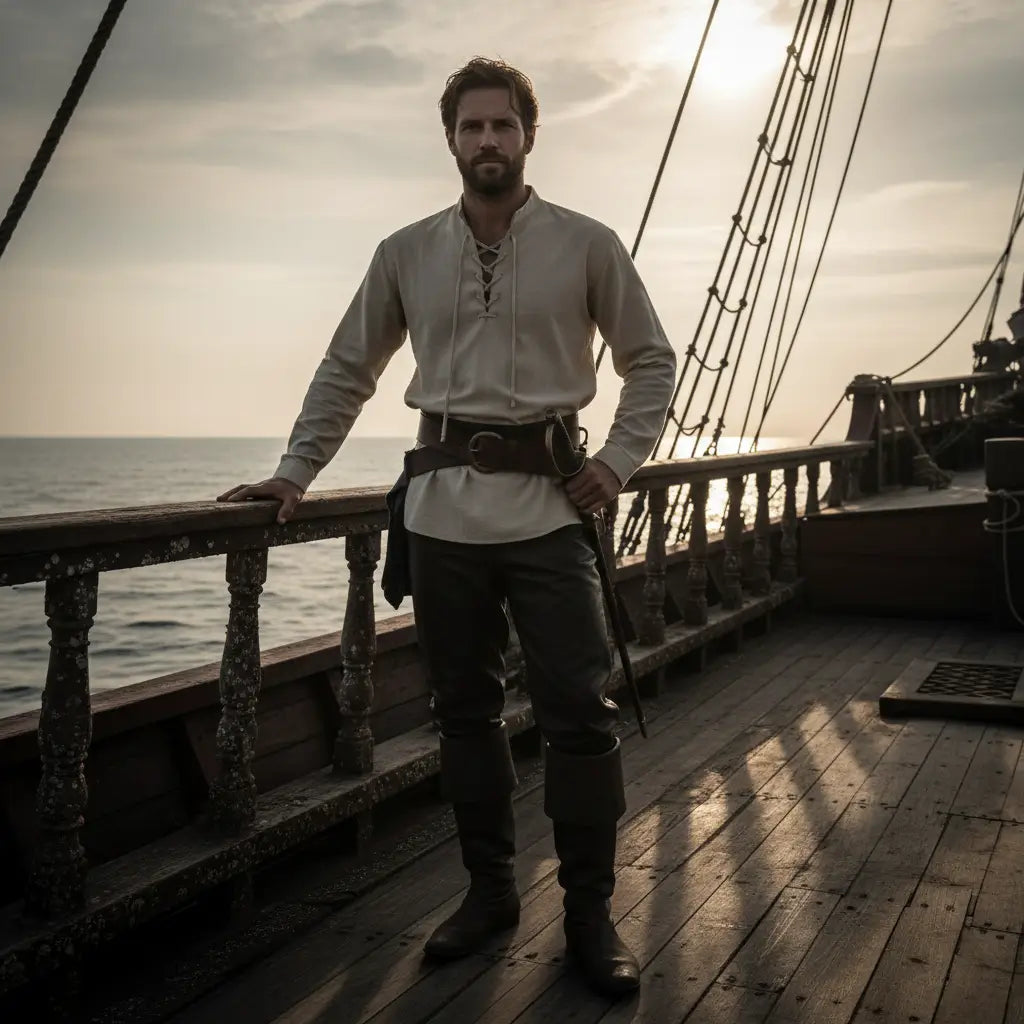 Chemise du navigateur des mers portée sur le pont d’un navire, style marin authentique.