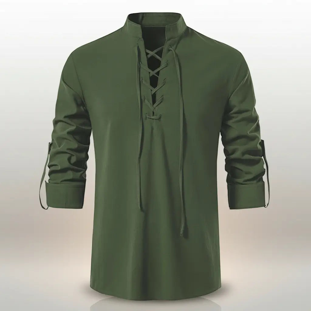 Chemise du navigateur des mers verte vue de face, col à lacet marin.
