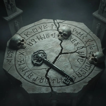 Clé du tombeau interdit posée sur un cercle rituel aux symboles anciens.
