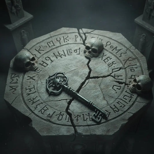 Clé du tombeau interdit posée sur un cercle rituel aux symboles anciens.