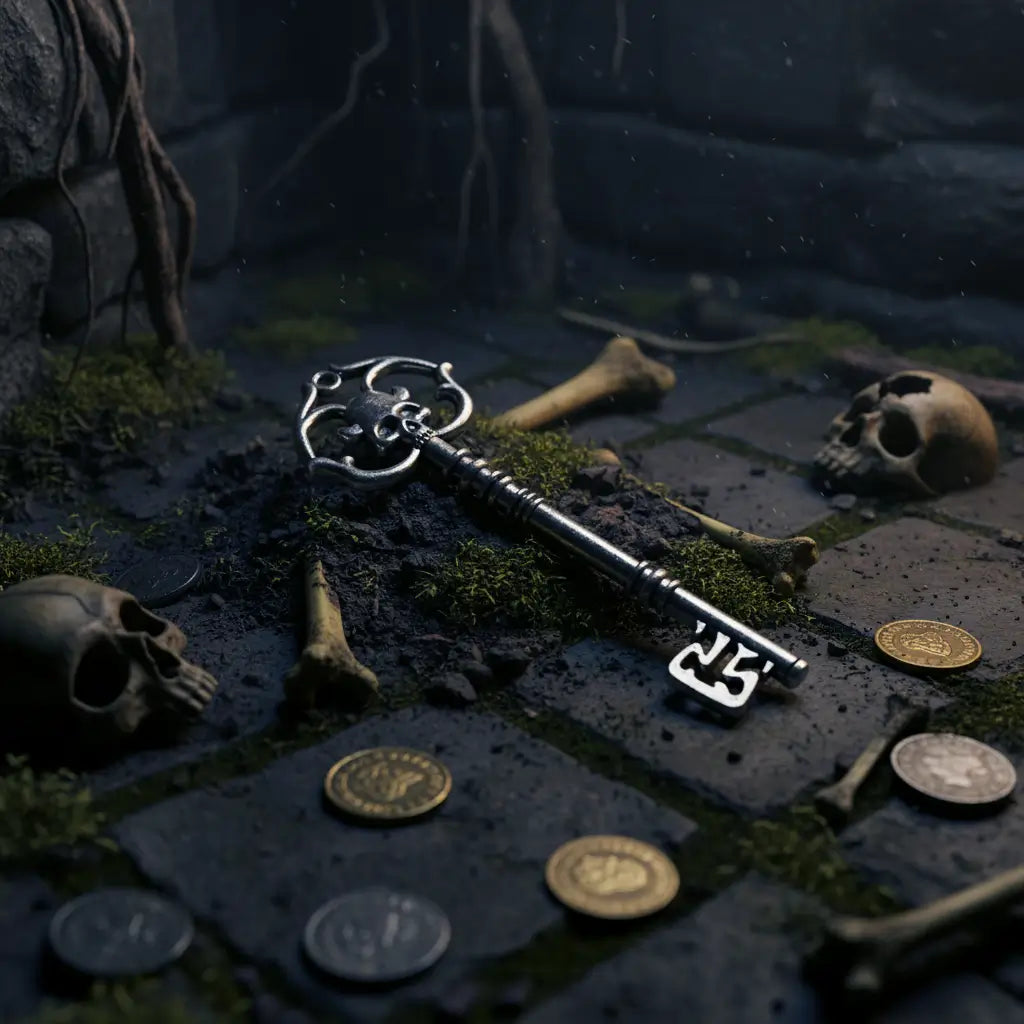 Clé du tombeau interdit dans une scène sombre de crypte mystérieuse.