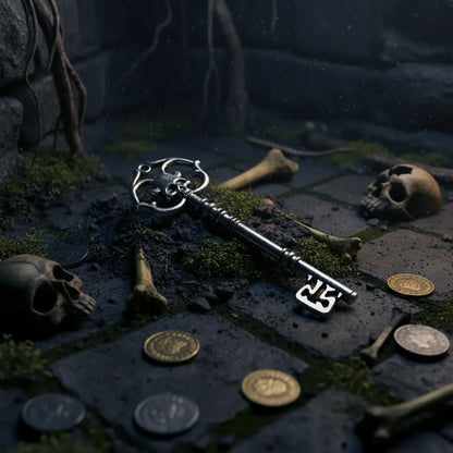 Clé du tombeau interdit dans une scène sombre de crypte mystérieuse.