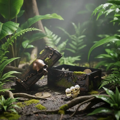 Mini-coffre au crâne maudit dans une jungle tropicale, coffre de rangement pirate ouvert.