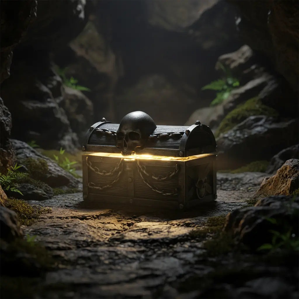 Coffre au crâne maudit dans une grotte sombre avec lueur dorée, ambiance trésor pirate.
