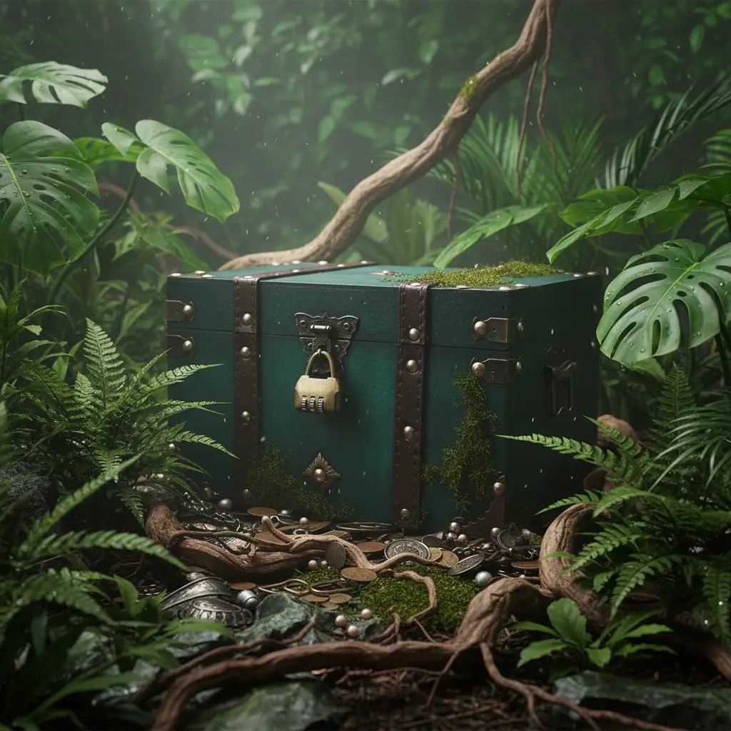 Coffre émeraude des mers posé dans une jungle tropicale, esprit aventure pirate.