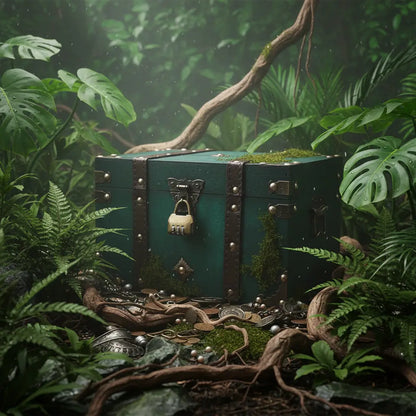 Coffre émeraude des mers posé dans une jungle tropicale, esprit aventure pirate.