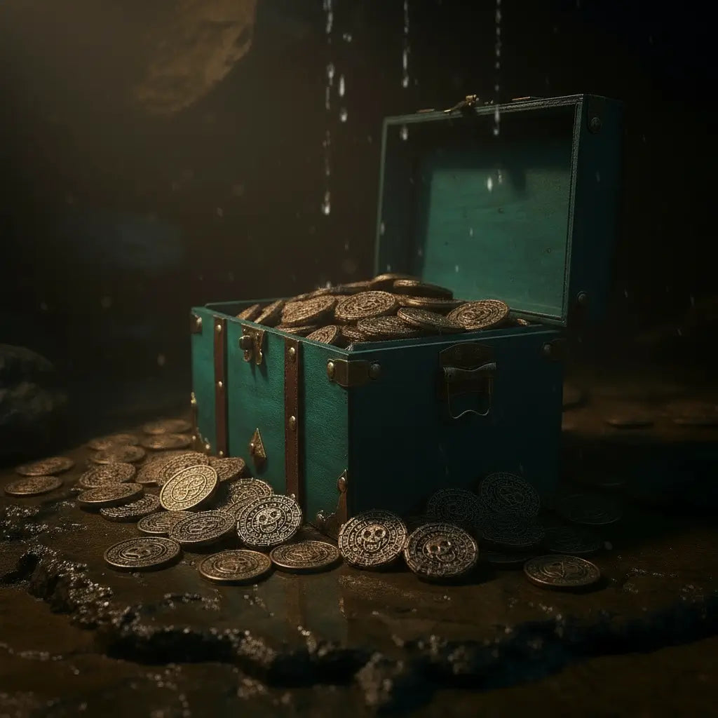 Coffre émeraude des mers dans une grotte, entouré de pièces, ambiance trésor pirate.
