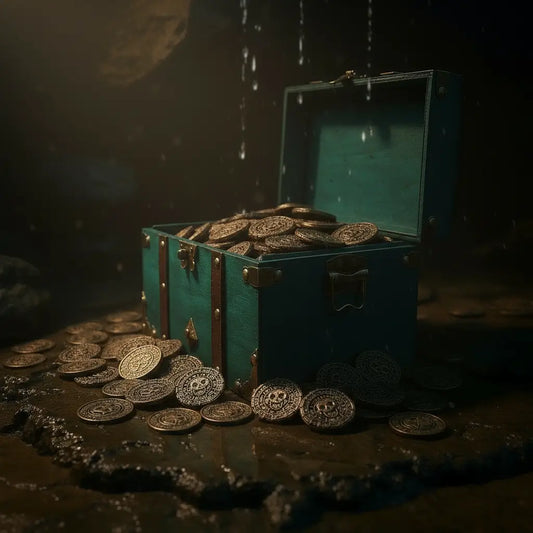 Coffre émeraude des mers dans une grotte, entouré de pièces, ambiance trésor pirate.