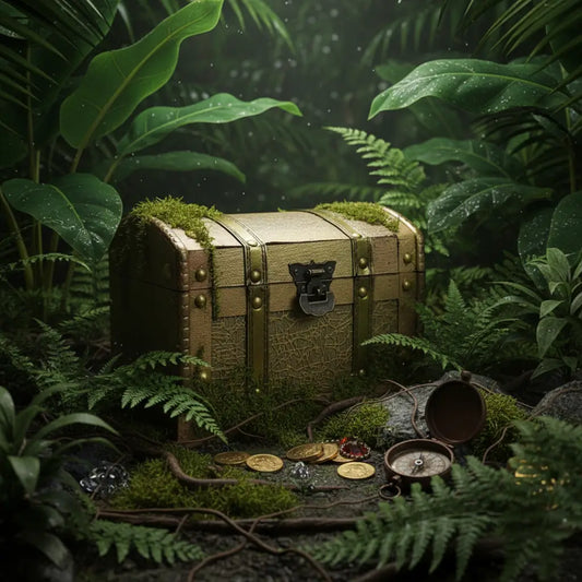 Coffre du trésor doré dissimulé dans une végétation tropicale, esprit pirate.