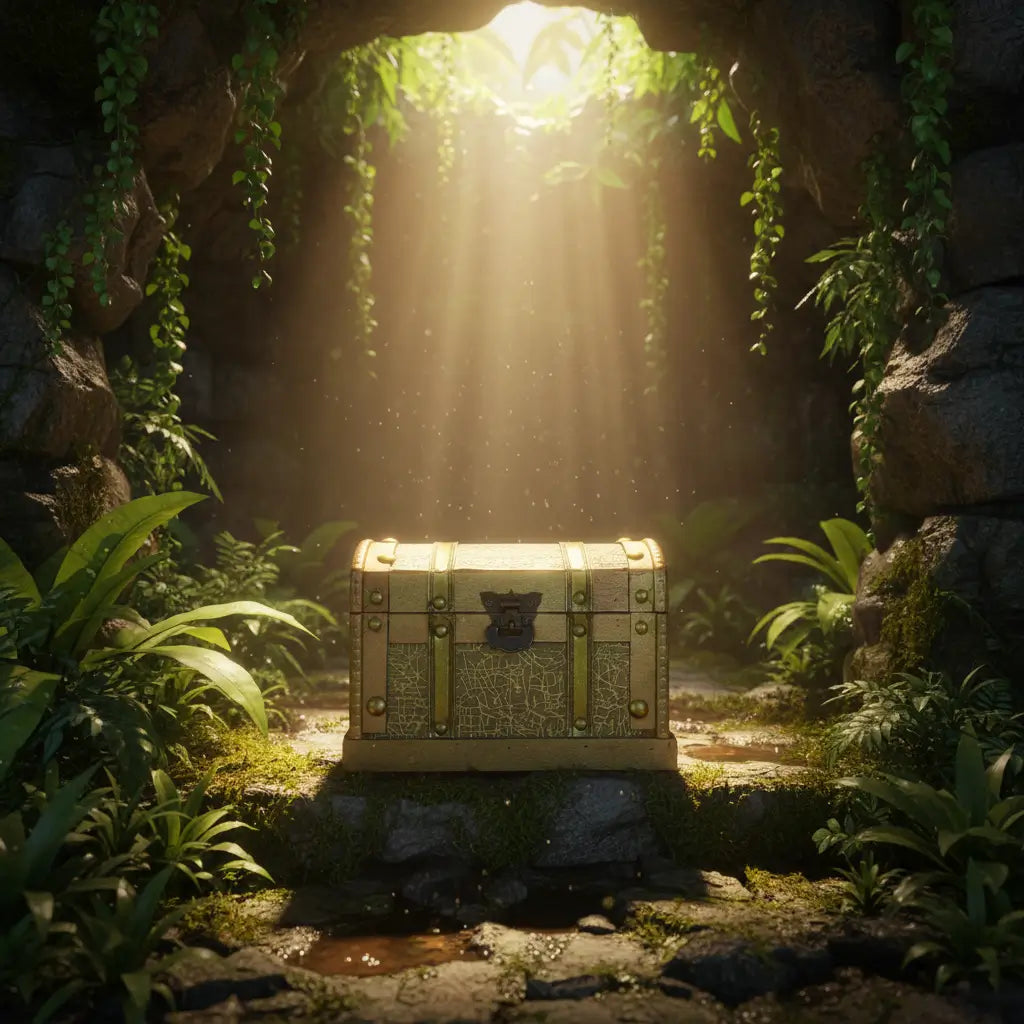 Coffre du trésor doré posé dans une jungle, ambiance découverte et aventure pirate.