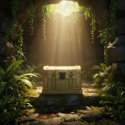 Coffre du trésor doré posé dans une jungle, ambiance découverte et aventure pirate.