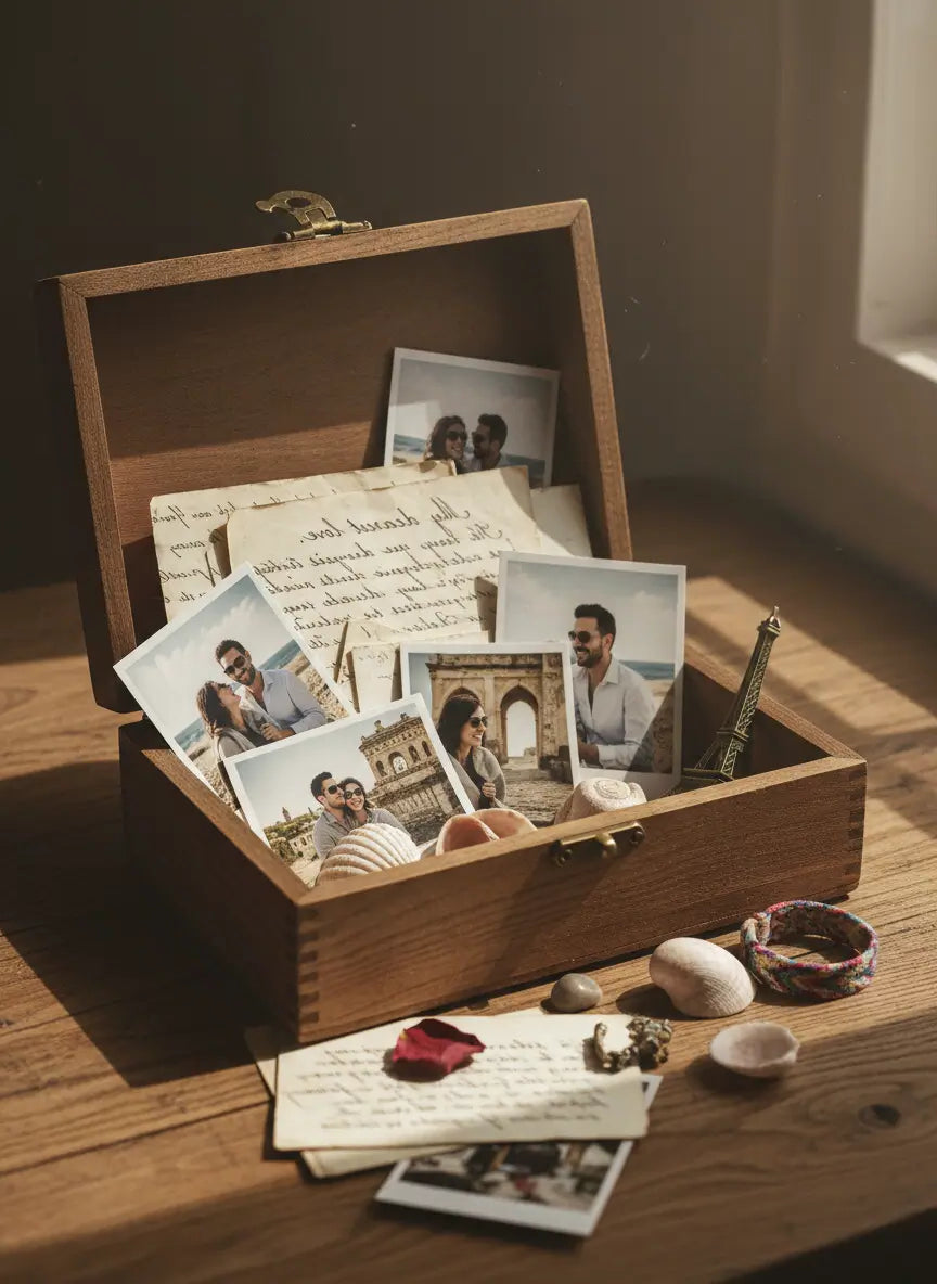 Box cadeau en bois fait à la main, avec des éléments de la mer : coquillages, petits mots doux, photos couple.