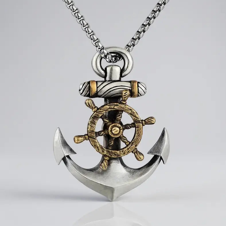 Collier ancre & gouvernail en acier inoxydable 316L, bijou marin sur fond blanc.