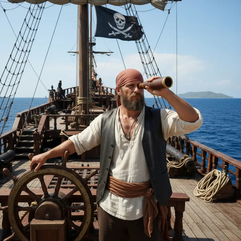 Homme pirate portant un collier ancre et gouvernail à la barre de son navire, symbole d’aventure et de commandement.