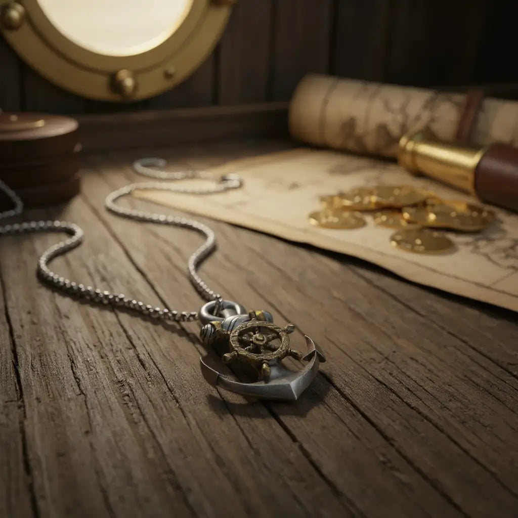 Collier ancre et gouvernail posé sur une table de capitaine entourée de cartes et instruments de navigation, ambiance maritime authentique.