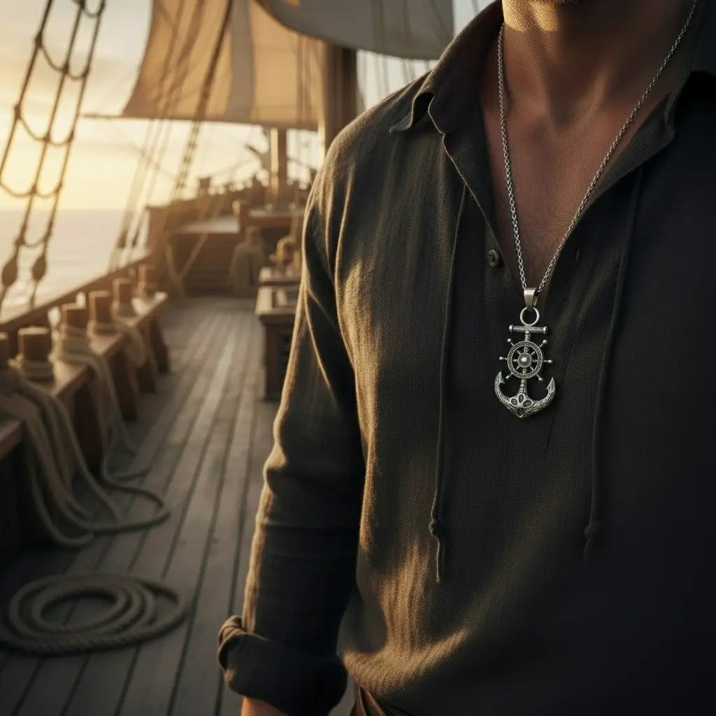 Capitaine portant le collier Gouvernail argent sur le pont d’un navire, ambiance dorée du soir.