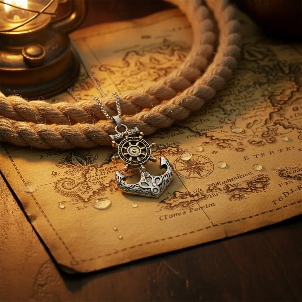 Collier Gouvernail doré rotatif posé sur une carte au trésor, entouré d’une corde marine.