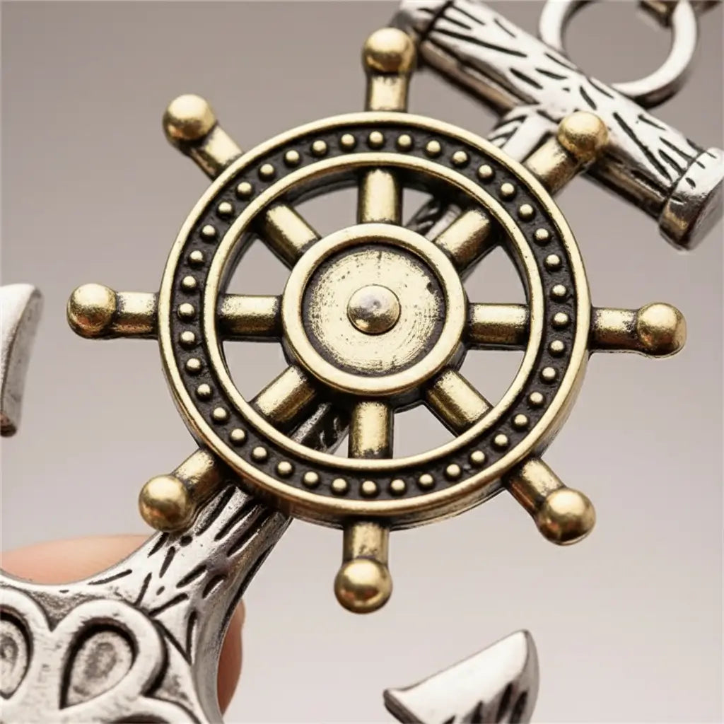 Gros plan macro du gouvernail doré du collier Gouvernail, texture métallique et finitions dorées.