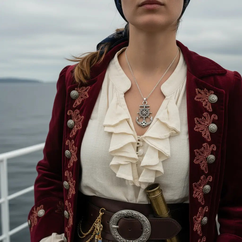 Femme capitaine portant le collier Gouvernail doré, tenue d’époque et décor de navire.