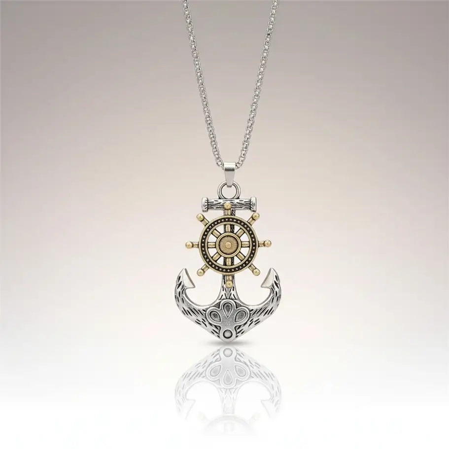 Collier Gouvernail version dorée rotative, bijou marin en acier 316L avec détails dorés