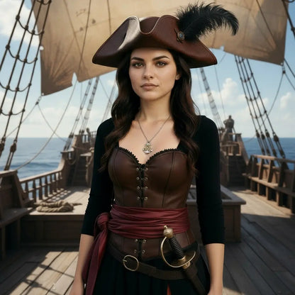 Femme pirate portant le collier ancre et gouvernail sur le pont d’un navire, bijou marin inspiré du style Capitaine.