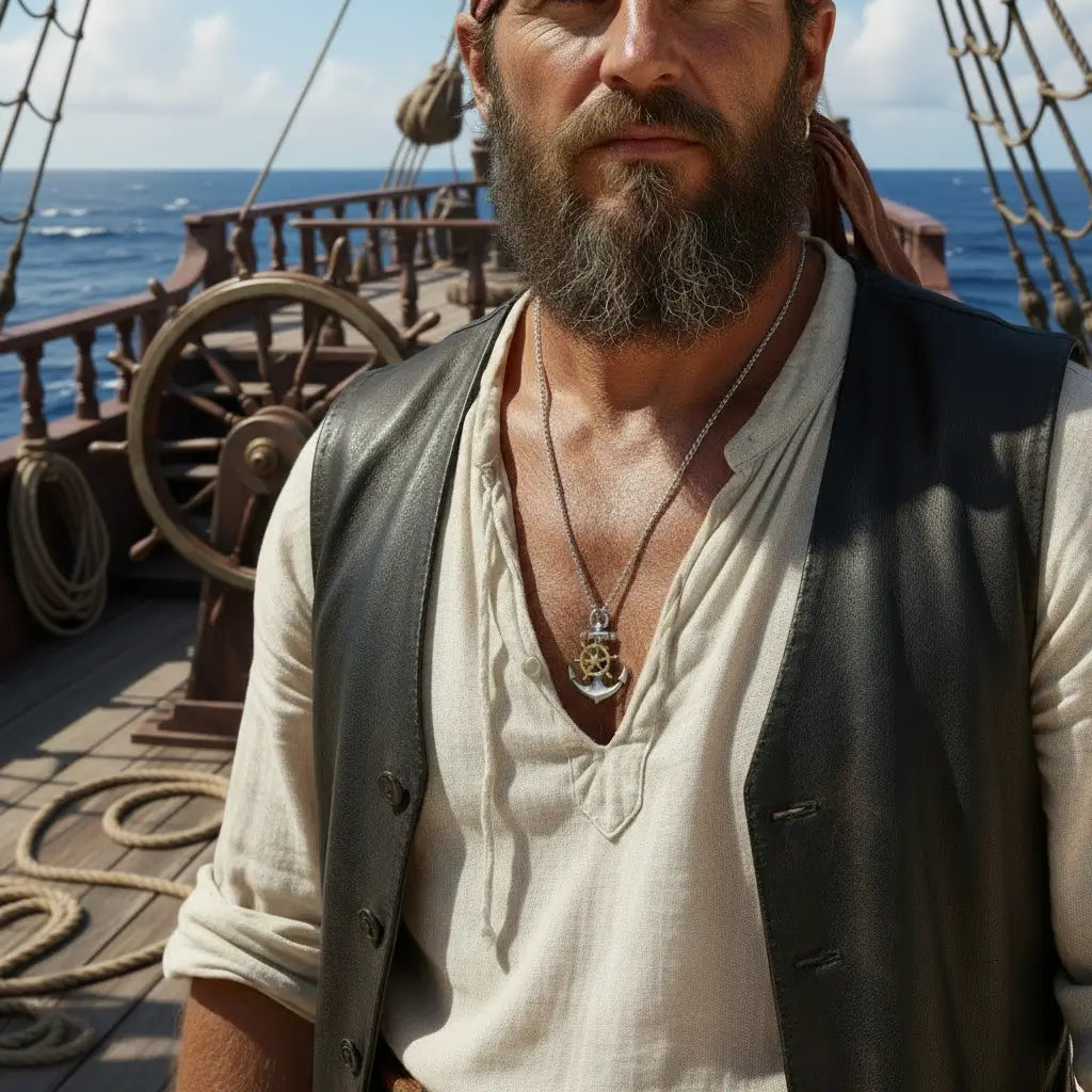 Collier ancre et gouvernail porté par un homme aventurier en chemise blanche, bijou de la gamme Capitaine.