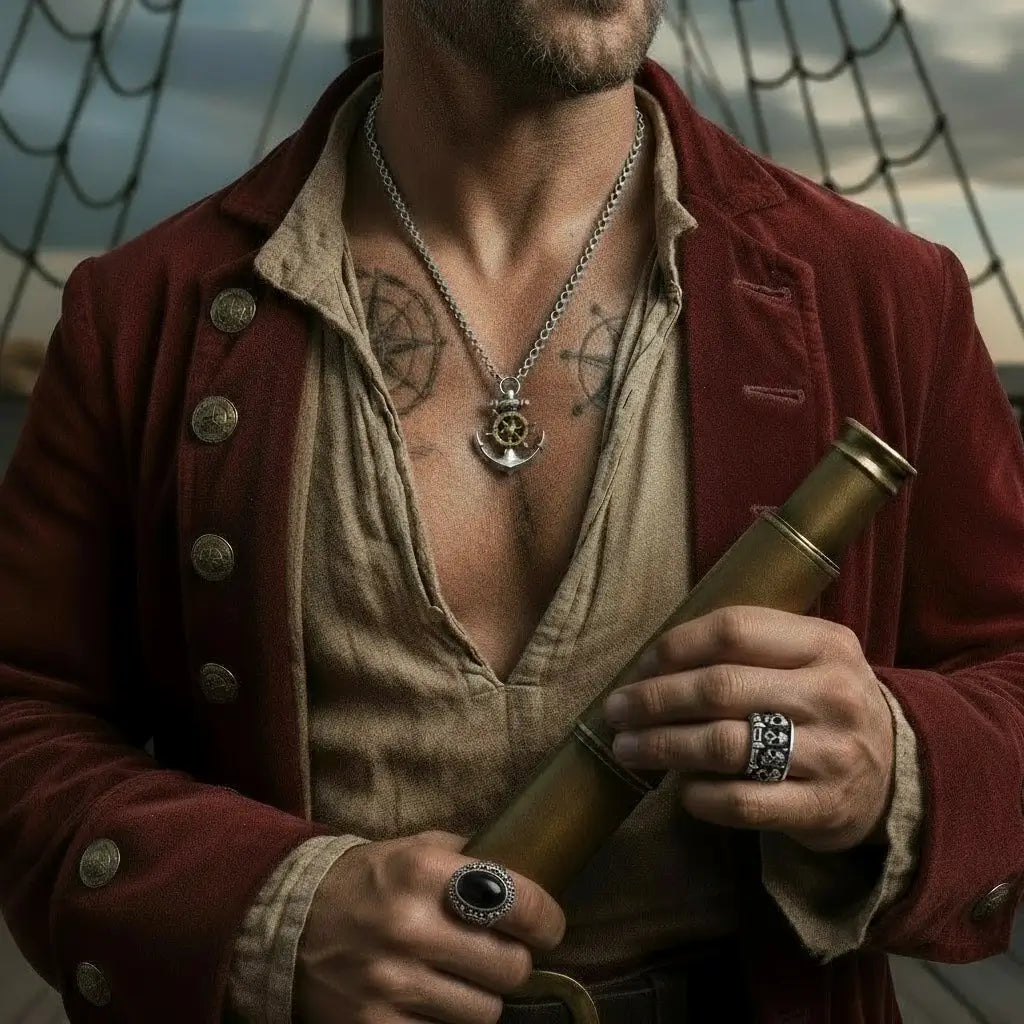Homme capitaine pirate vêtu d’un manteau rouge tenant un parchemin, portant un collier ancre gouvernail.