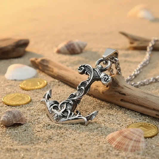 Collier Ancre Marine posé contre un bout de bois flotté sur le sable d’une plage au coucher du soleil.