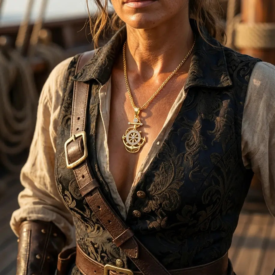 Collier du Commandement porté par une femme dans un univers pirate élégant.