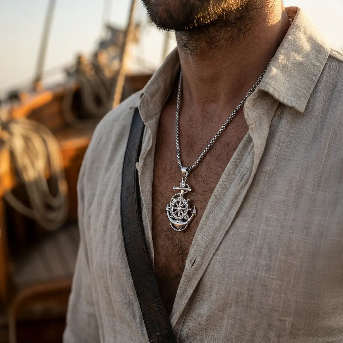 Collier du Commandement porté par un homme sur le pont d’un navire.