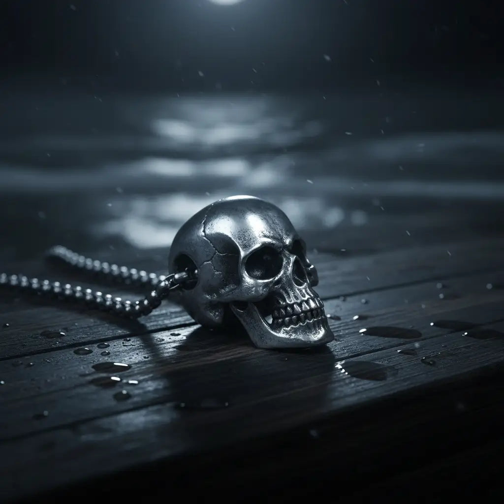 Collier du Crâne Brisé posé dans une ambiance sombre et humide de la gamme Ténèbres.