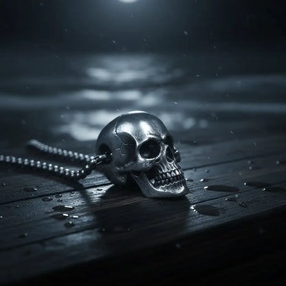 Collier du Crâne Brisé posé dans une ambiance sombre et humide de la gamme Ténèbres.