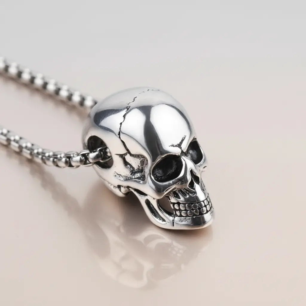 Pendentif Crâne Brisé en métal argenté sur chaîne, vue produit détaillée.